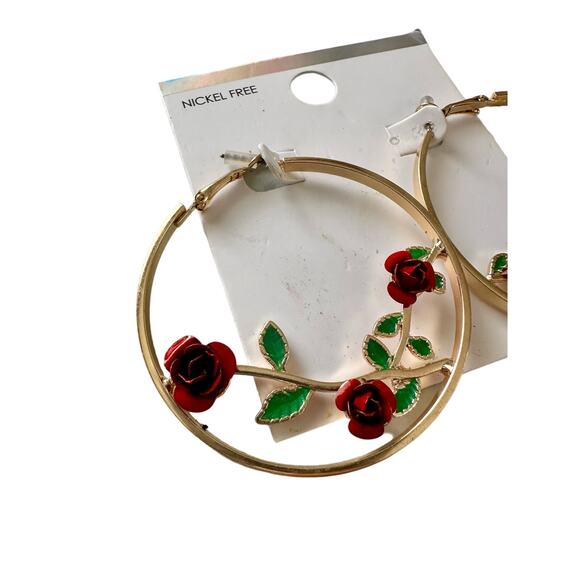 Rose Flower Hoop Earrings NWT - Picture 2 of 7